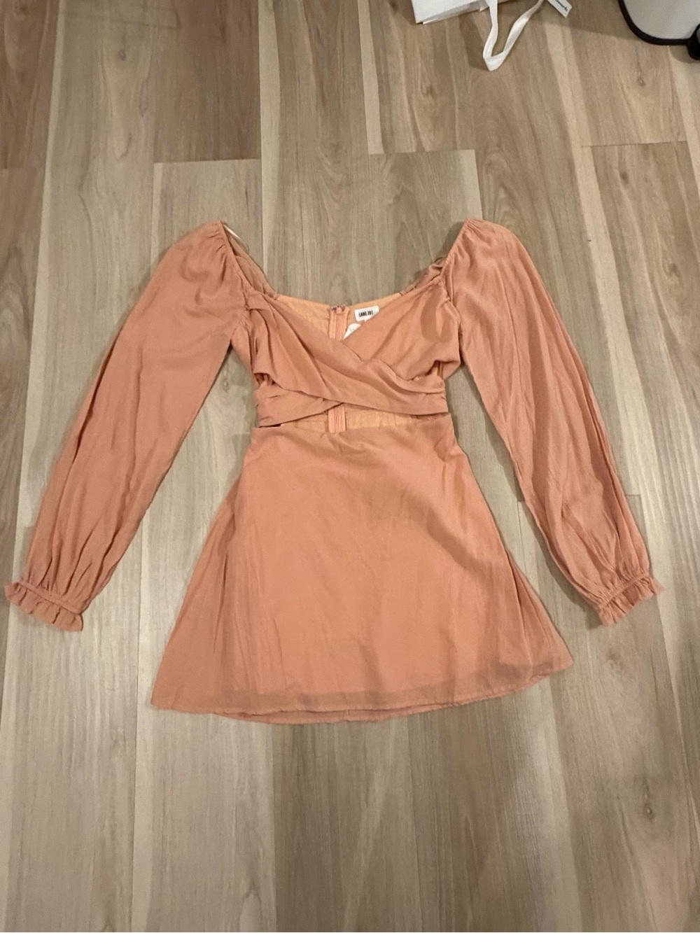Rust Peach Long-Sleeve Mini Dress with Cutout Waist